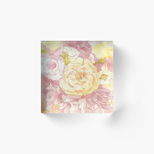 Roses in Watercolor and ink Acrylic Block
