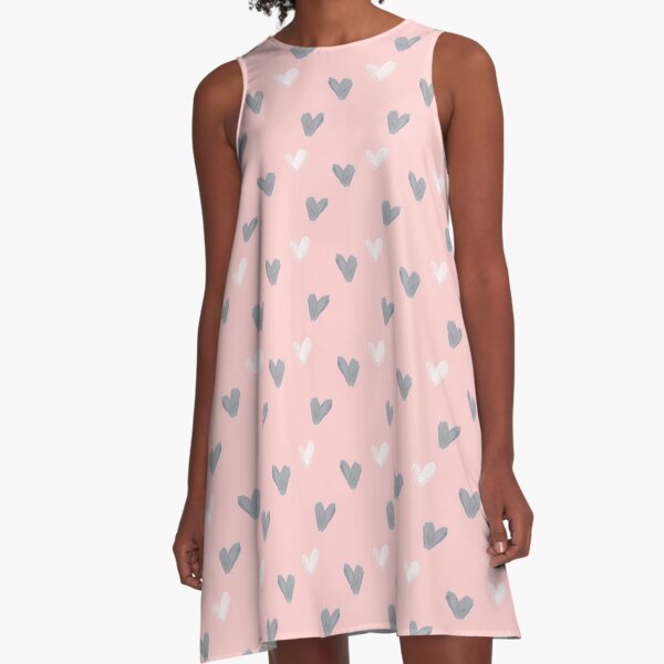white and grey heart acrylic brush pattern on pink background A-Line Dress