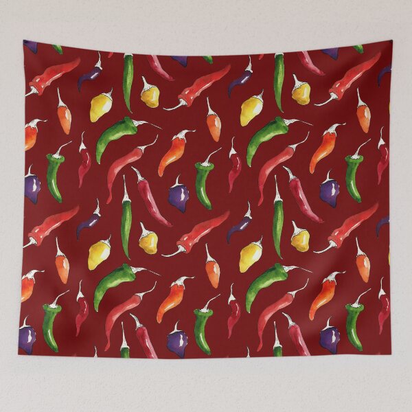 Item preview, Ink and watercolor hot chillies pattern on red background designed and sold by purplesparrow.