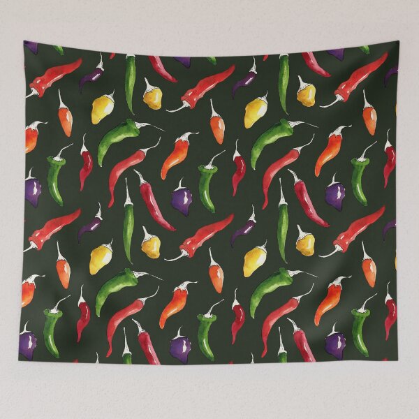 Item preview, Ink and watercolor hot chillies pattern on green background designed and sold by purplesparrow.