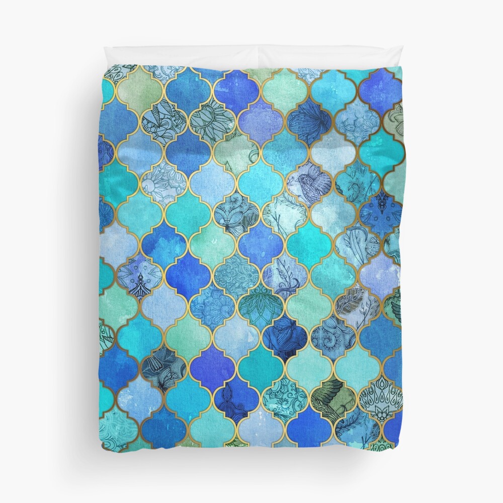 Cobalt Blue, Aqua & Gold Decorative Moroccan Tile Pattern Duvet Cover