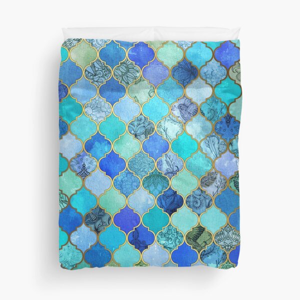 Cobalt Blue, Aqua & Gold Decorative Moroccan Tile Pattern Duvet Cover