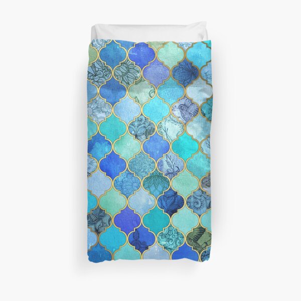 Cobalt Blue, Aqua & Gold Decorative Moroccan Tile Pattern Duvet Cover