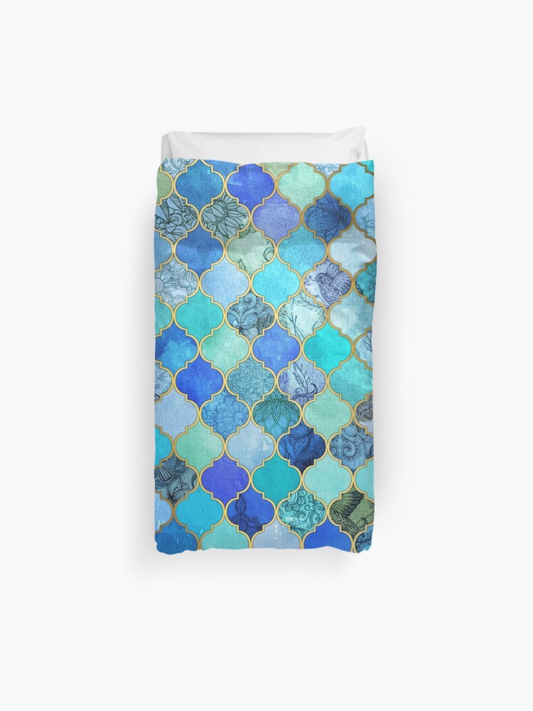 Cobalt Blue Aqua Gold Decorative Moroccan Tile Pattern Duvet