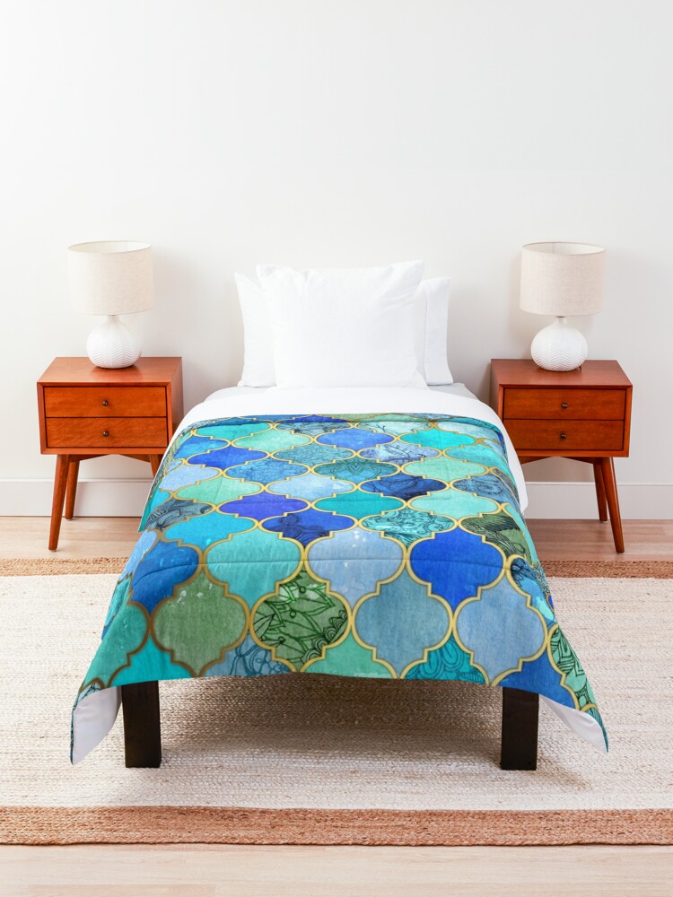 Alternate view of Cobalt Blue, Aqua & Gold Decorative Moroccan Tile Pattern Comforter