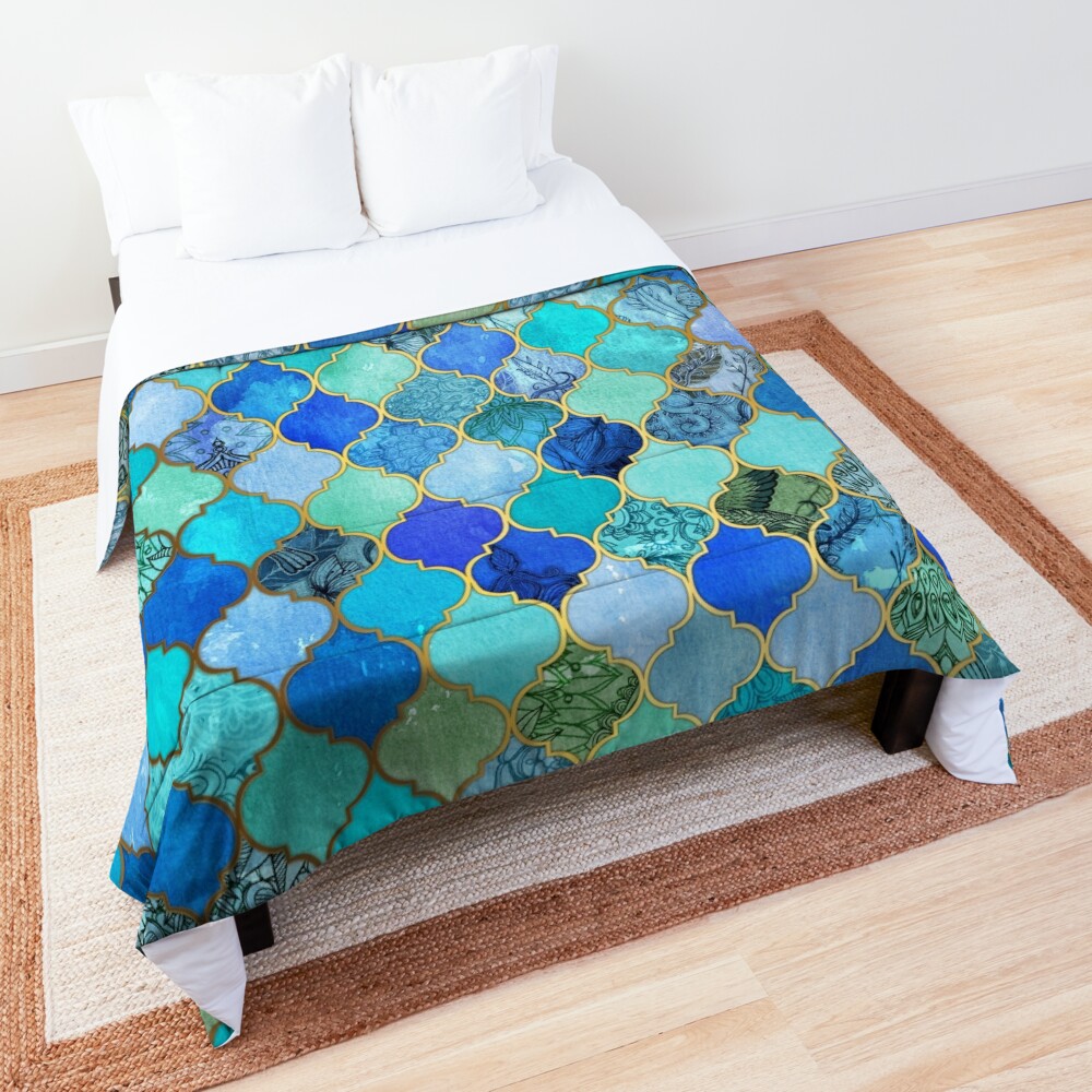 Cobalt Blue, Aqua & Gold Decorative Moroccan Tile Pattern Comforter