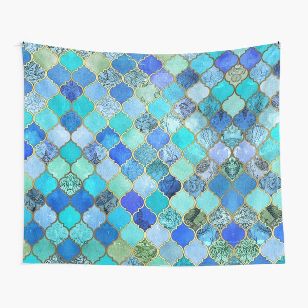 Cobalt Blue, Aqua & Gold Decorative Moroccan Tile Pattern Tapestry
