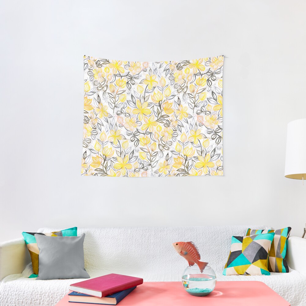 Sunny Yellow Crayon Striped Summer Floral Tapestry