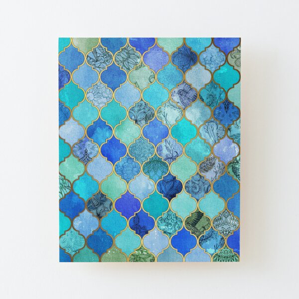 Cobalt Blue, Aqua & Gold Decorative Moroccan Tile Pattern Wood Mounted Print