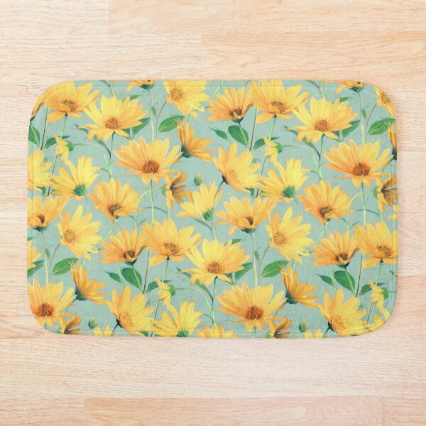 Painted Golden Yellow Daisies on soft sage green Bath Mat