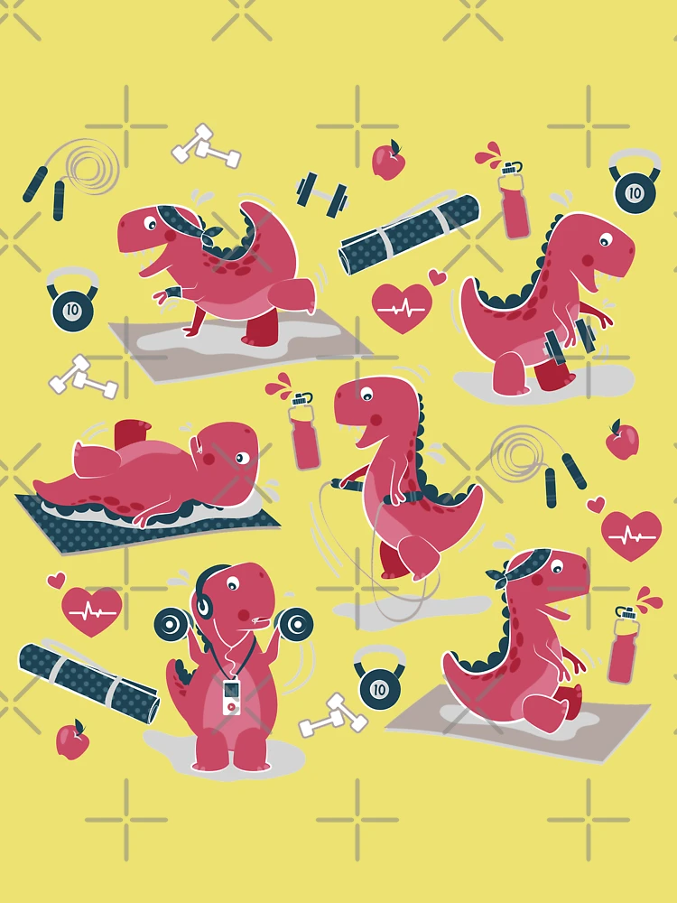 Fitness exercises for a dino // pastel pink background red t-rex dinosaurs  | Kids T-Shirt