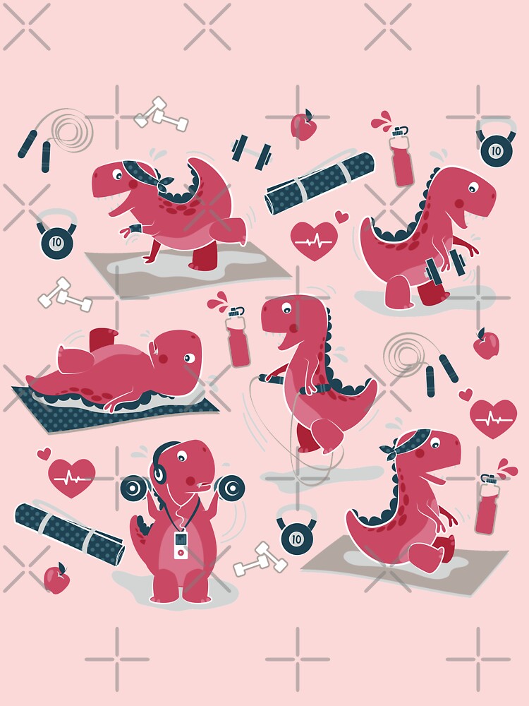 Fitness exercises for a dino // pastel pink background red t-rex