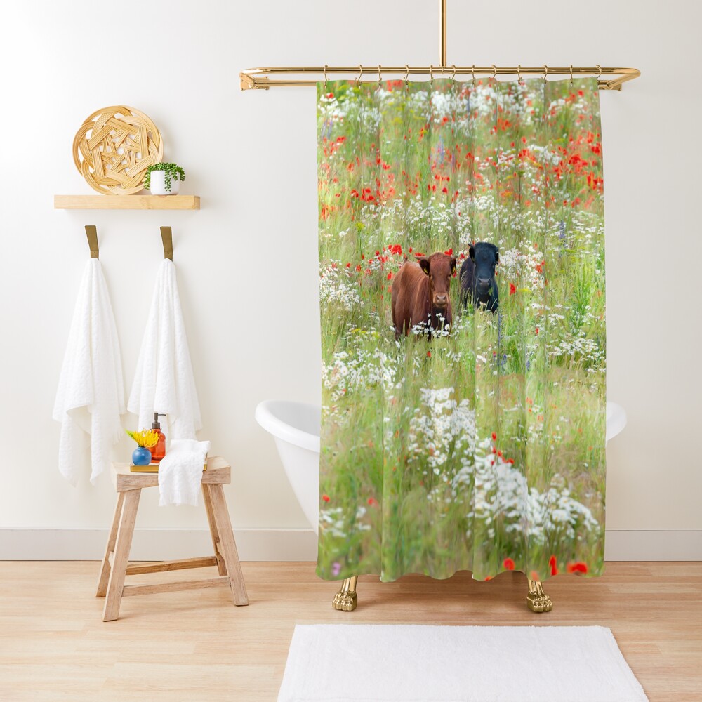 "Two cows in wild flower meadow" Shower Curtain for Sale by simonbratt