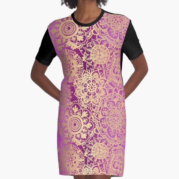 Pink and Gold Mandala Pattern Graphic T-Shirt Dress
