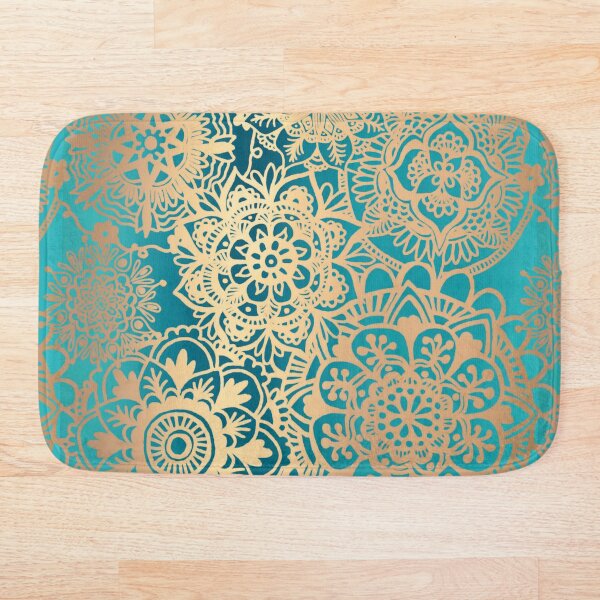 Teal Green and Gold Mandala Pattern Bath Mat
