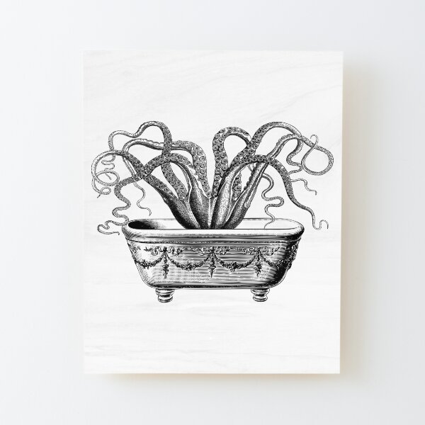 Tentacles in the Tub | Octopus in Bathtub | Vintage Octopus | Black and White | Wood Mounted Print