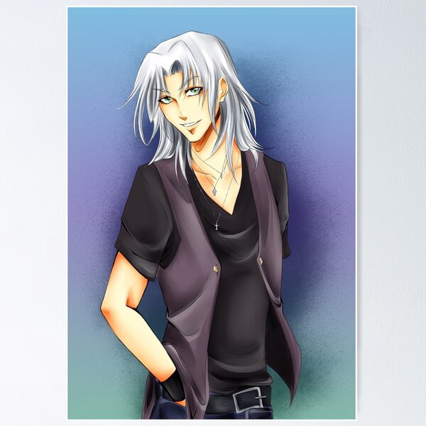 Attractive anime boy with mid length white hair with dull green