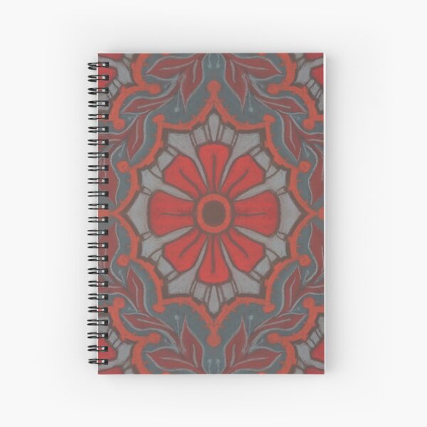 Scarlet Flower, Floral Arabesque Pattern Grey Red Orange Spiral Notebook