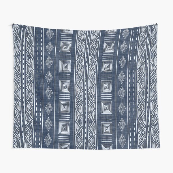 Mudcloth Navy Blue and White Vertical Tribal Pattern Tapestry