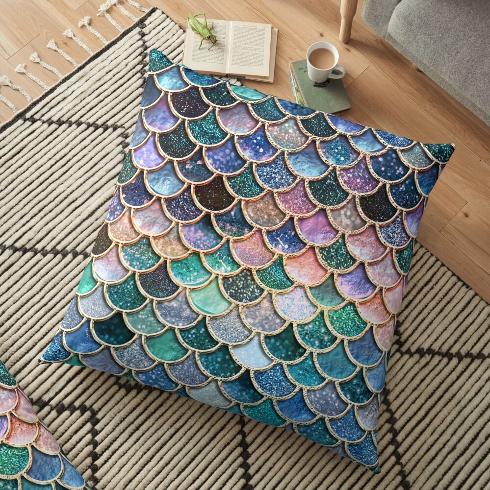 Teal, Silver and Pink Sparkle Faux Glitter Mermaid Scales Floor Pillow