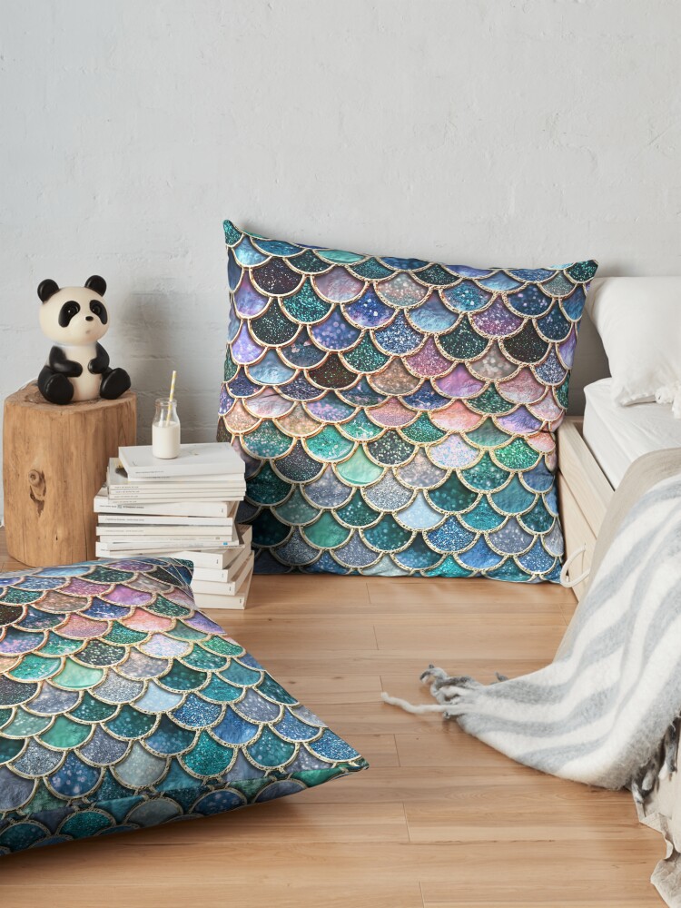 Alternate view of Teal, Silver and Pink Sparkle Faux Glitter Mermaid Scales Floor Pillow