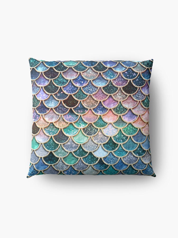 Alternate view of Teal, Silver and Pink Sparkle Faux Glitter Mermaid Scales Floor Pillow