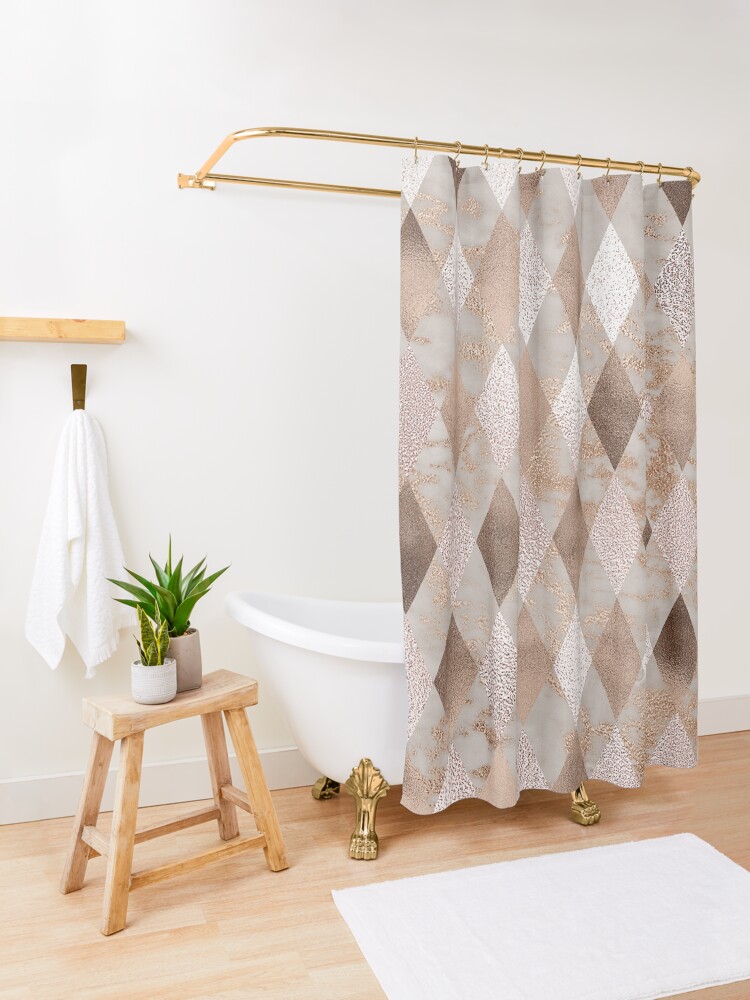Alternate view of Small Copper and Blush Rose Gold Marble Argyle Shower Curtain