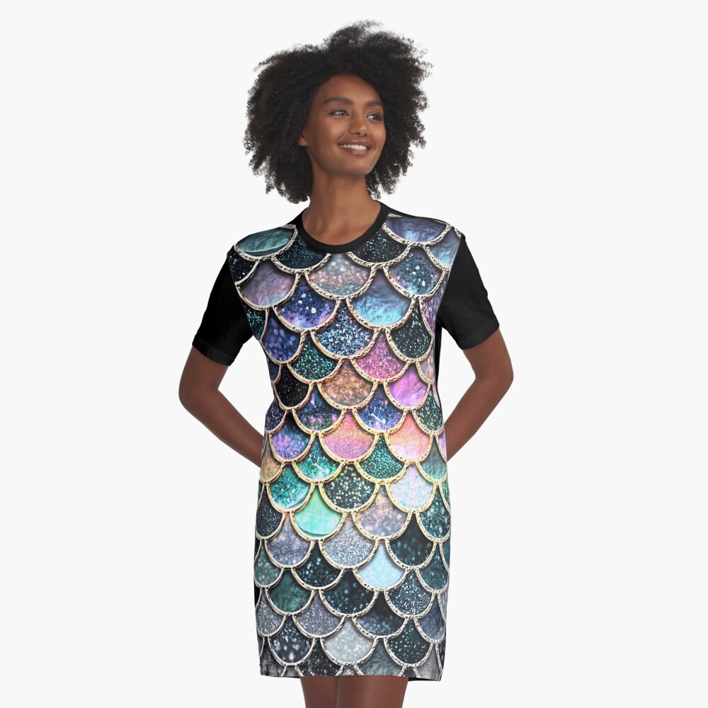 Silver and Metal Sparkle Faux Glitter Mermaid Scales Graphic T-Shirt Dress