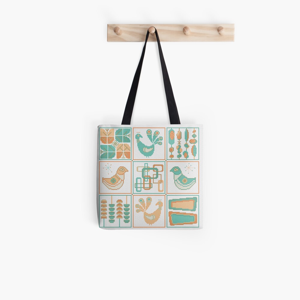 Mid-Century Modern Cross Stitch Sampler Tote Bag