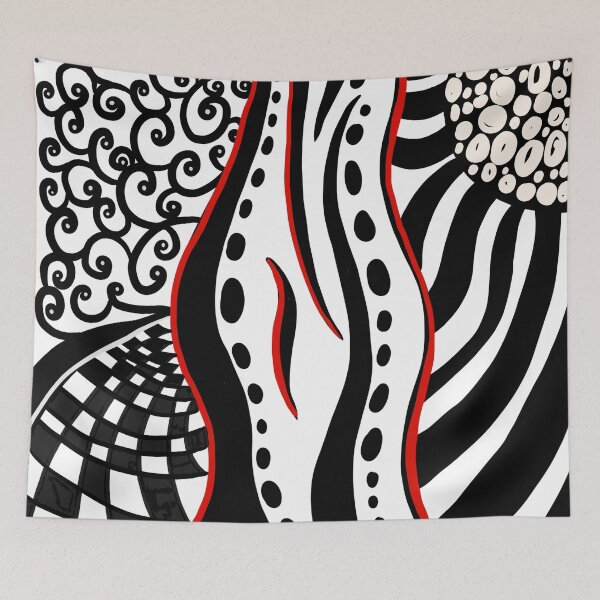Artikelvorschau, Zendoodle Muster Schwarz-Weiß mit einem Hauch von rot entworfen und verkauft von Patricia Piotrak.