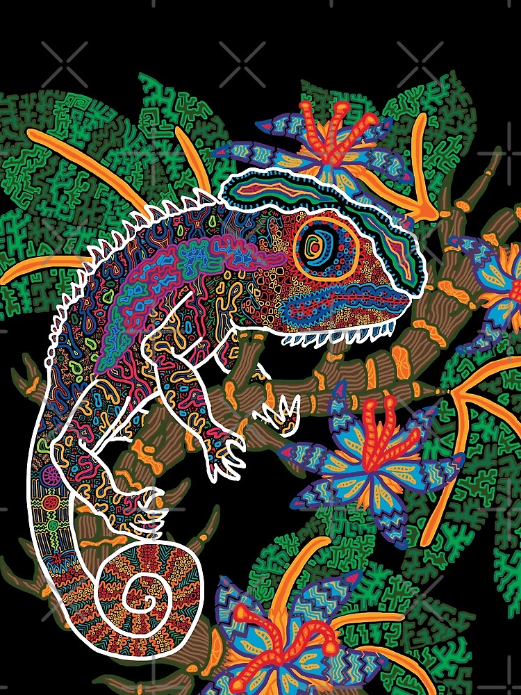 PSYCHEDELIC TRIPPY HORROR VACUI ANIMAL CHAMELEON ON BRANCH - full colour by intenzaesthetic