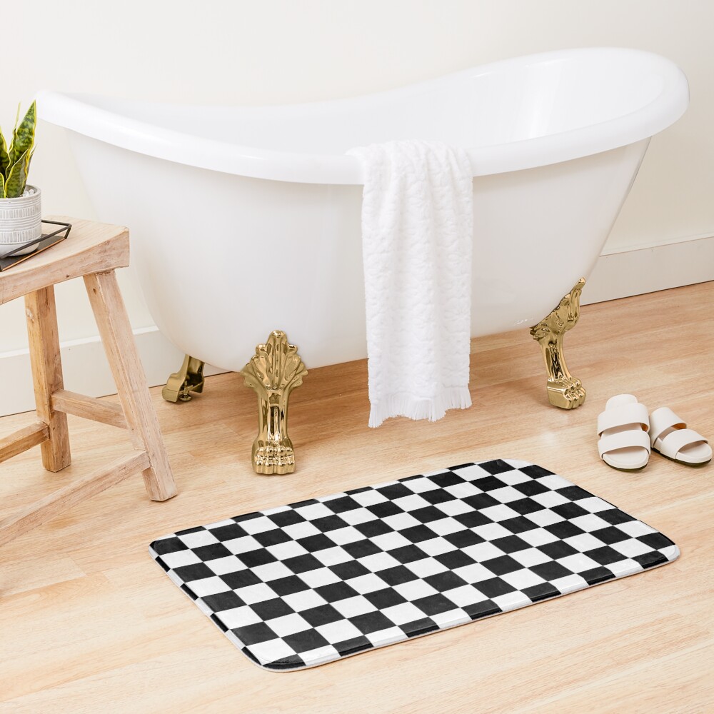 CHECK, Pattern, Checks, Checkered, Black & white. Bath Mat