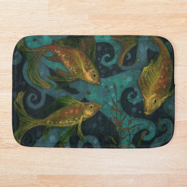 Golden Fish, Underwater, Black Teal Yellow Bath Mat