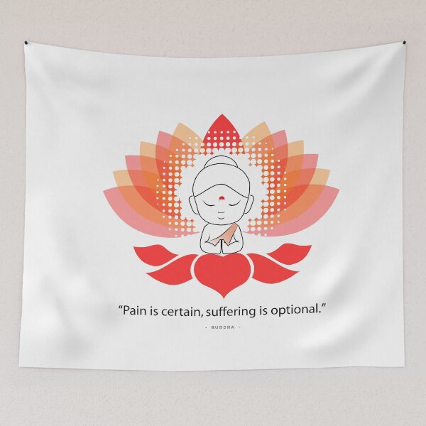 Item preview, Buddha saying Namaste while sitting on a sacred lotus. Famous quote of Buddha- Pain is certain, suffering is optional. designed and sold by Shawlin Islam.