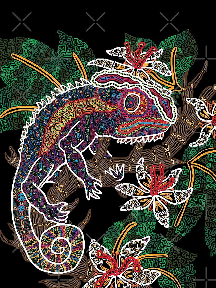 PSYCHEDELIC TRIPPY HORROR VACUI ANIMAL CHAMELEON ON BRANCH - linework by intenzaesthetic