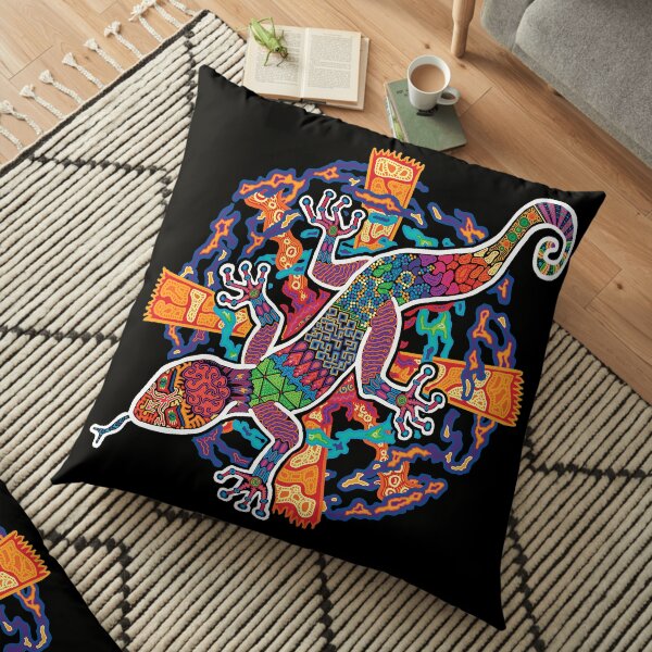 PSYCHEDELIC TRIPPY HORROR VACUI ANIMAL NEWT LIZARD WITH SUN AND CLOUDS - full colour Floor Pillow
