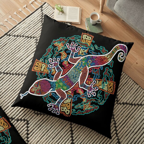 PSYCHEDELIC TRIPPY HORROR VACUI ANIMAL NEWT LIZARD WITH SUN AND CLOUDS - linework Floor Pillow