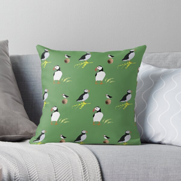 Puffins in green Throw Pillow