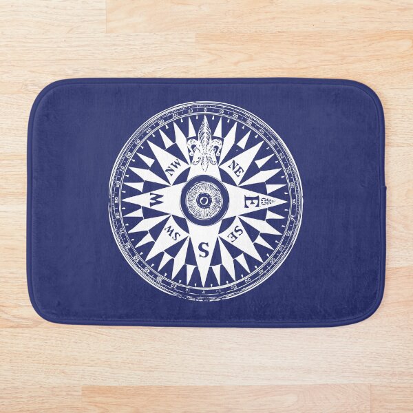 Nautical Compass | Vintage Compass | Navy Blue and White | Bath Mat