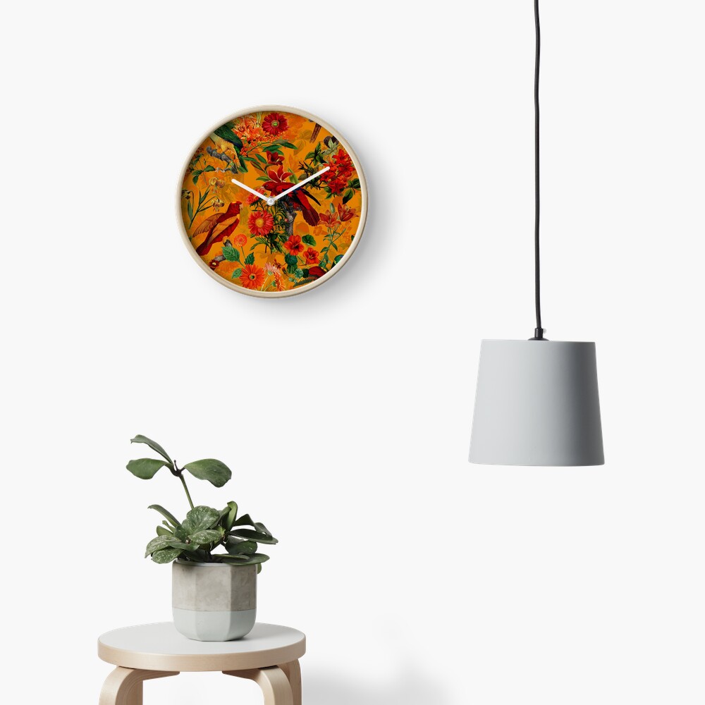 Vintage Tropical Bird Jungle Garden orange Clock