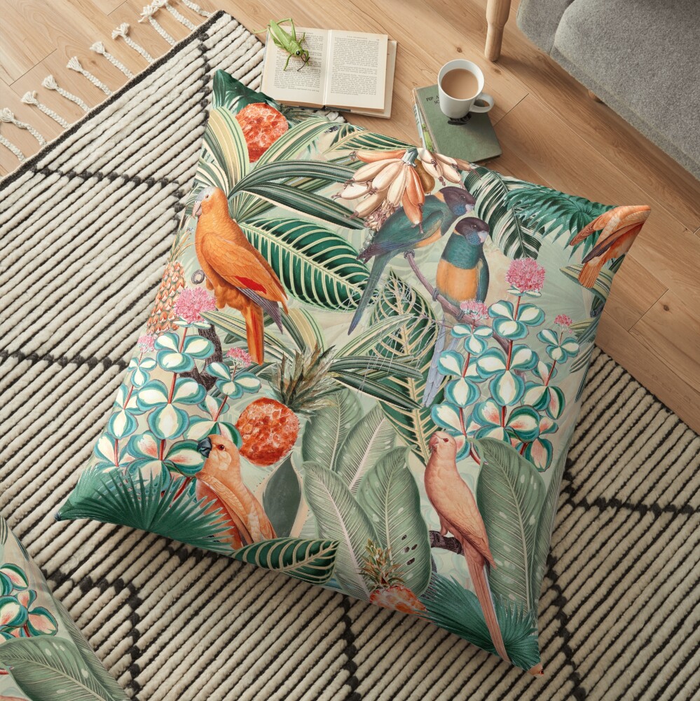 Vintage Orange Tropical Bird Jungle Garden Floor Pillow