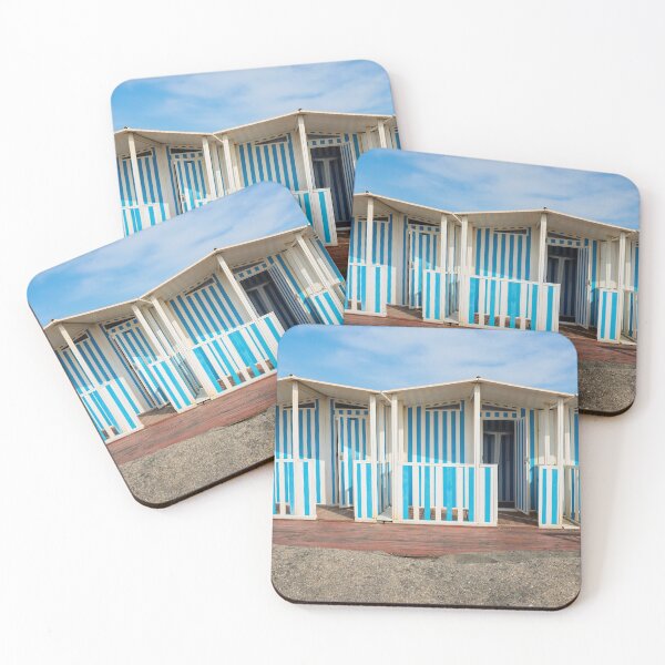 Item preview, Striped white and blue striped beach houses and black sandy beach, Tyrrhenian sea near Roma, Italy designed and sold by anytka.