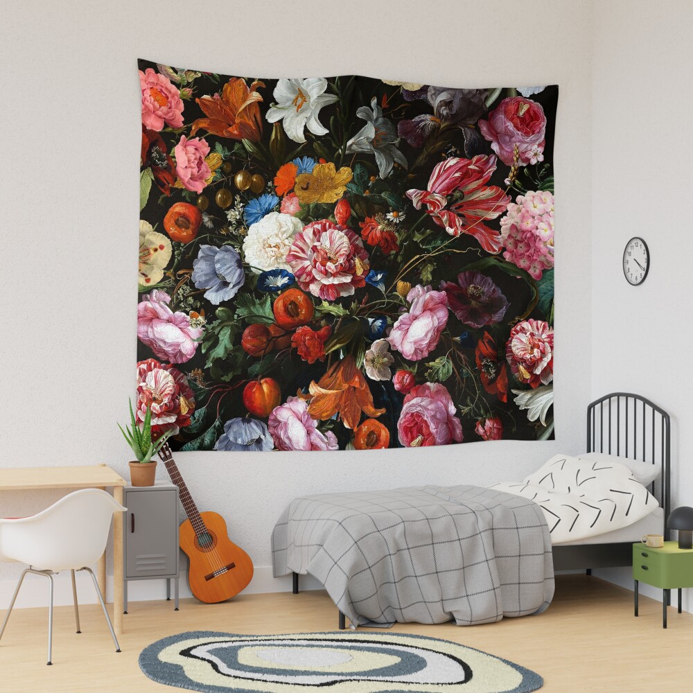 Floral Tapestry, Flemish Art Decor, Black Background, Dutch