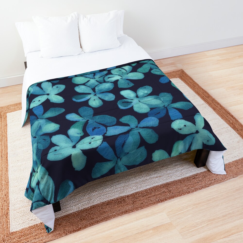 Hand Painted Floral Pattern in Teal & Navy Blue Comforter