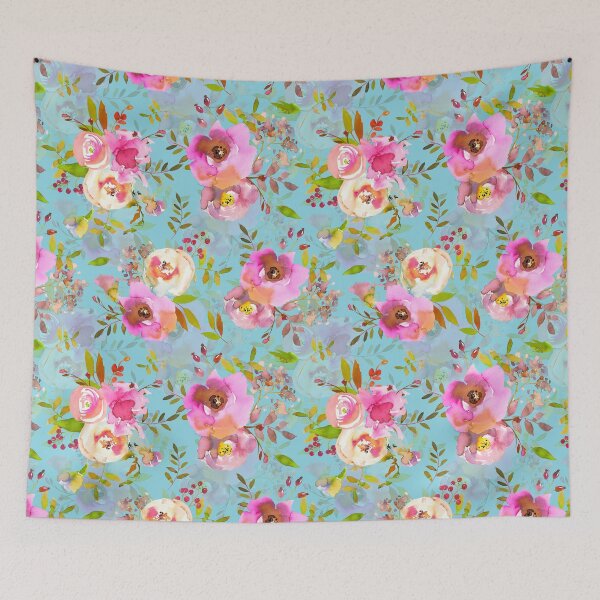 Item preview, Lovely pink hand drawn watercolor florals pattern on teal - double layer designed and sold by UtArt.