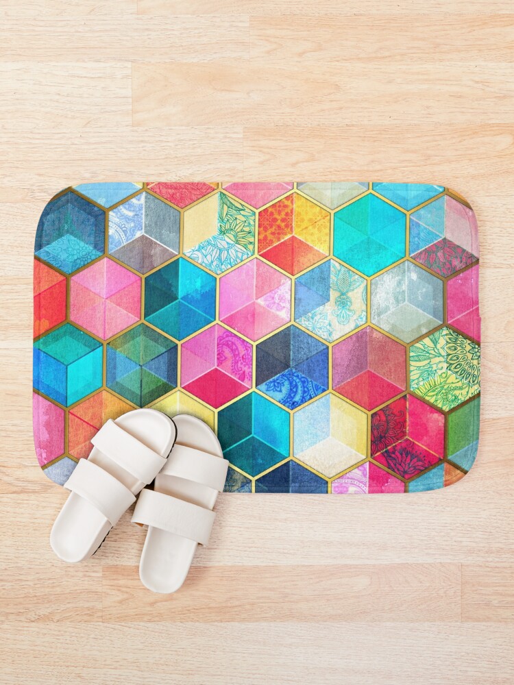 Disover Crystal Bohemian Honeycomb Cubes - colorful hexagon pattern Bath Mat