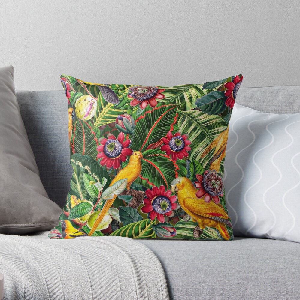 Vintage Tropical Bird Jungle Garden Throw Pillow