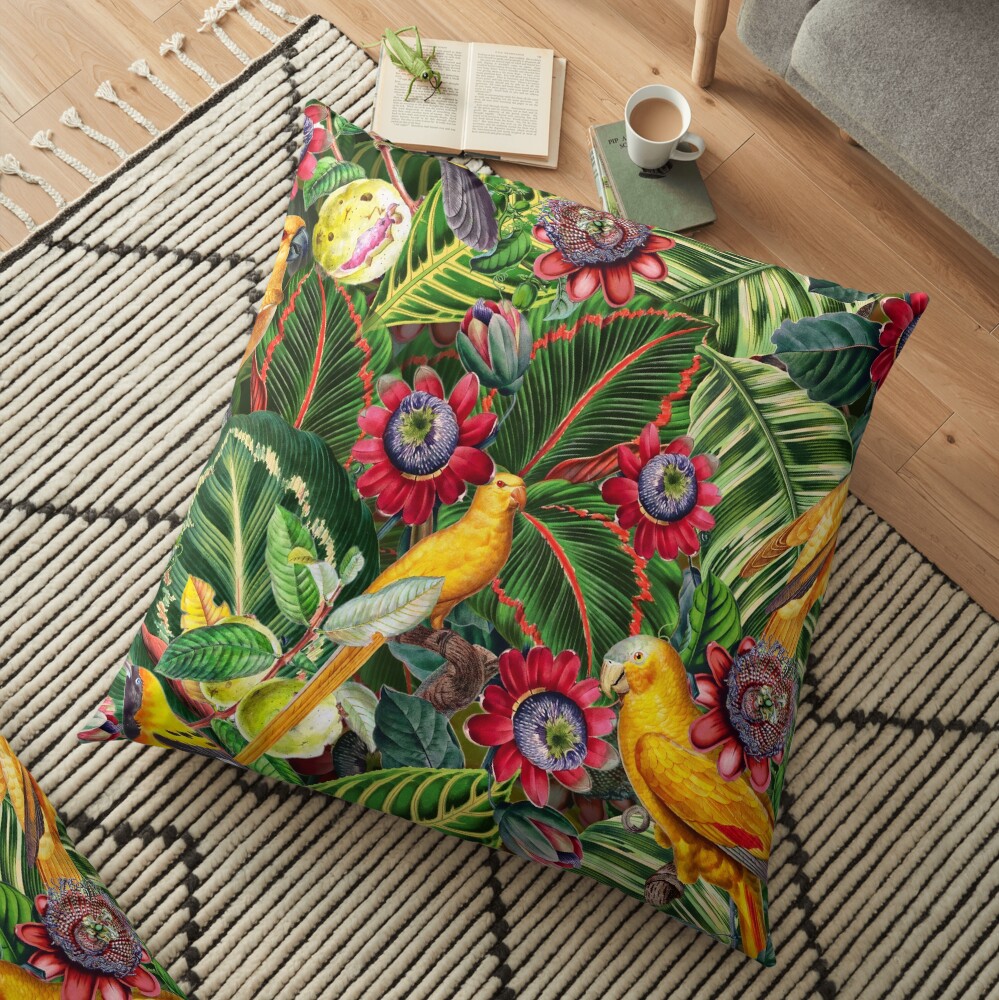 Vintage Tropical Bird Jungle Garden Floor Pillow