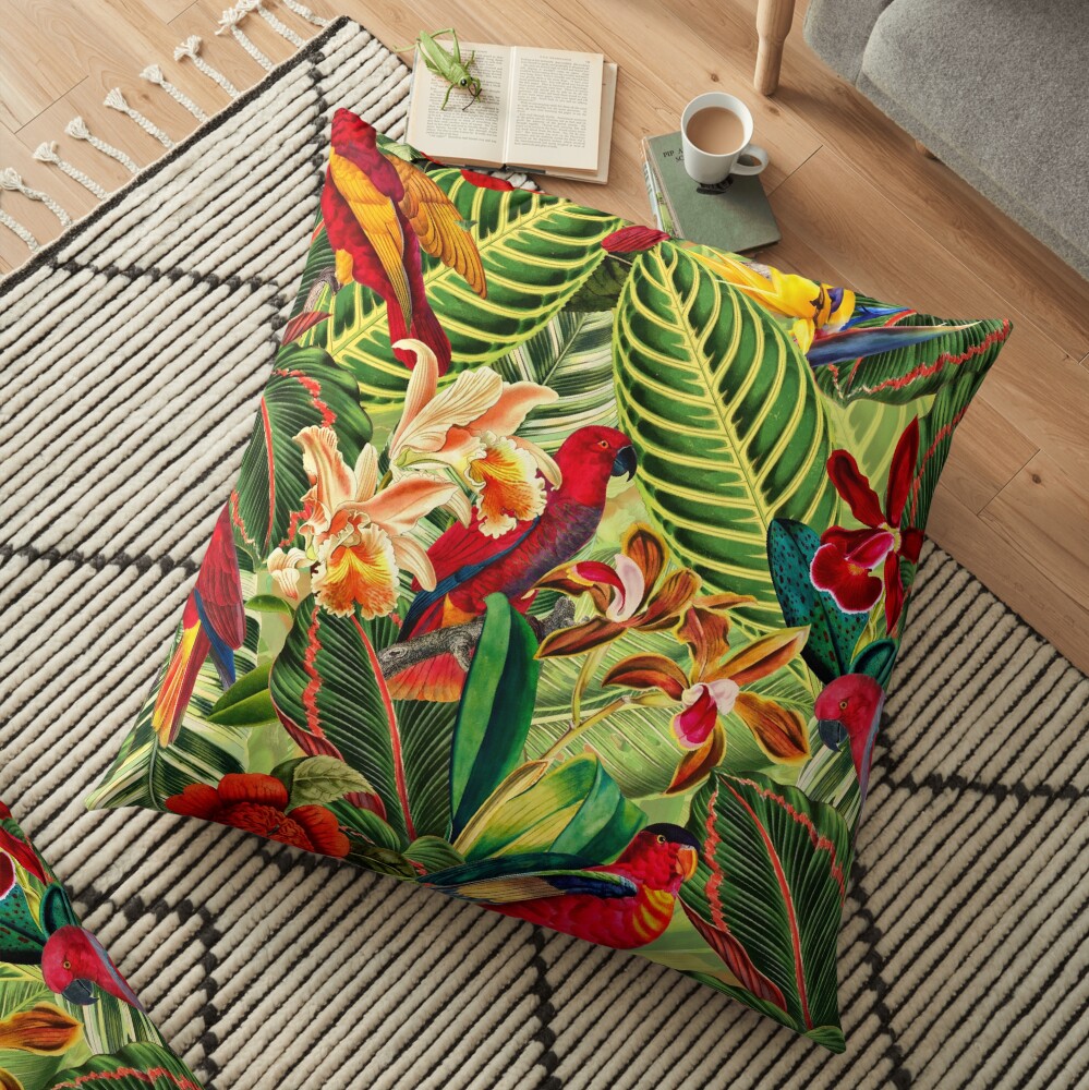 Vintage Tropical Bird Jungle Garden Floor Pillow