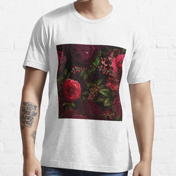 Black Red Vintage Flowers Floral Short Sleeves Mens T-Shirt